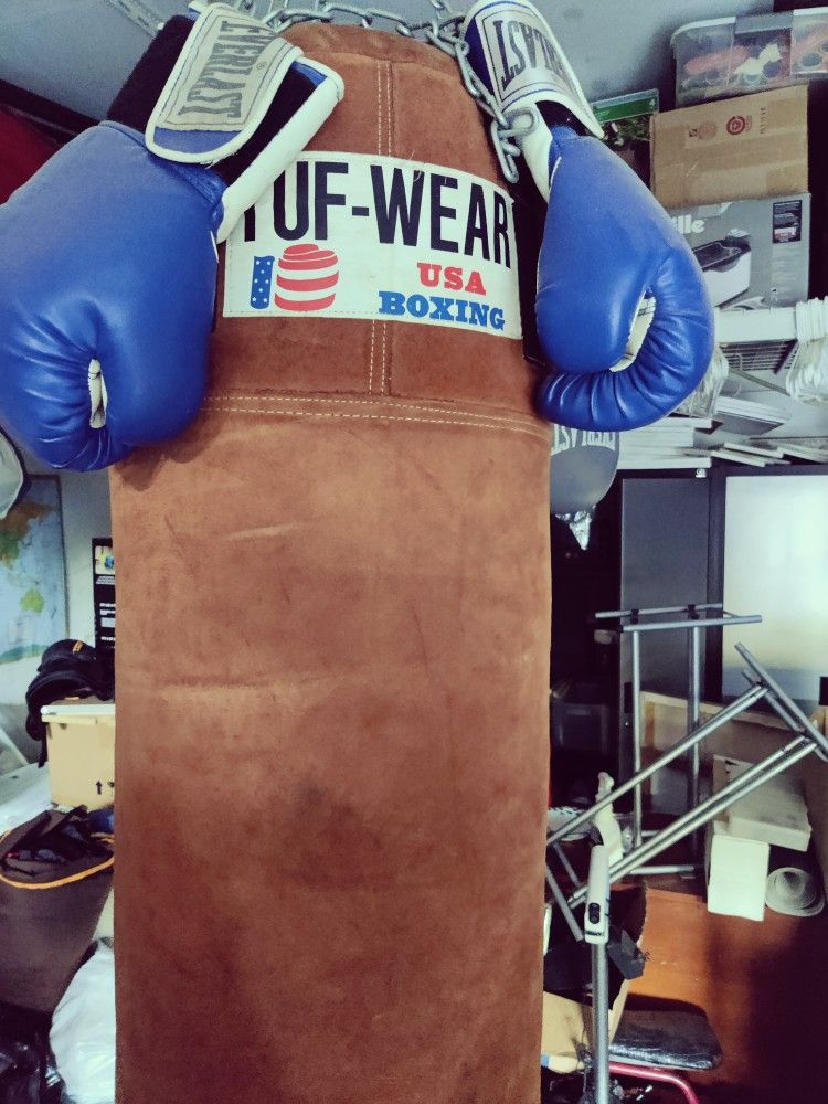 Vintage TUF-WEAR USA Suede Leather Heavy Punching Bag w Gloves