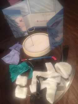 American girl doll Ice skating rank with outfits and hockey stick