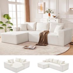 110” Boneless Couch, Cloud Sectional Sofa for Living Room, Beige L Shaped Modular, Left Facing Chaise, Deep Seat & Back Support, Kid & Pet 