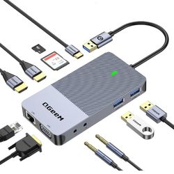 QGeeM USB 3.0 Docking Station, Triple Display USB Hub Dual Monitor, USB C Laptop Docking Station Compatible 2HDMI VGA SD TF Card Reader Ethernet