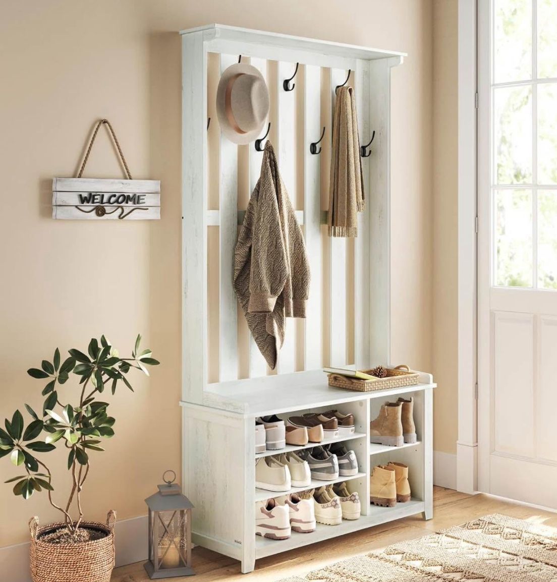 Hall Tree with Bench and Shoe Storage, Coat Rack with Shoe Bench, 7 Double Hooks for Jackets, Hats, Entryway, Bedroom, Living Room, 13.8 x