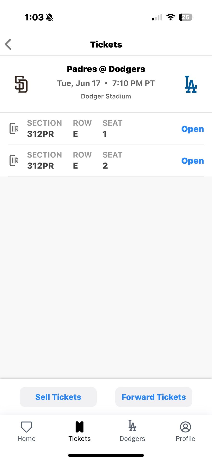 Two Dodger tickets Tonight