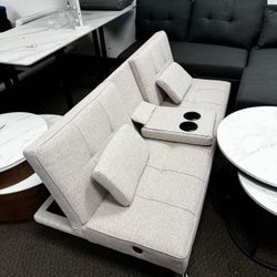 Modern Linen Convertible Futon Sofa Bed w/ Removable Armrests, Metal Legs, Cupholders