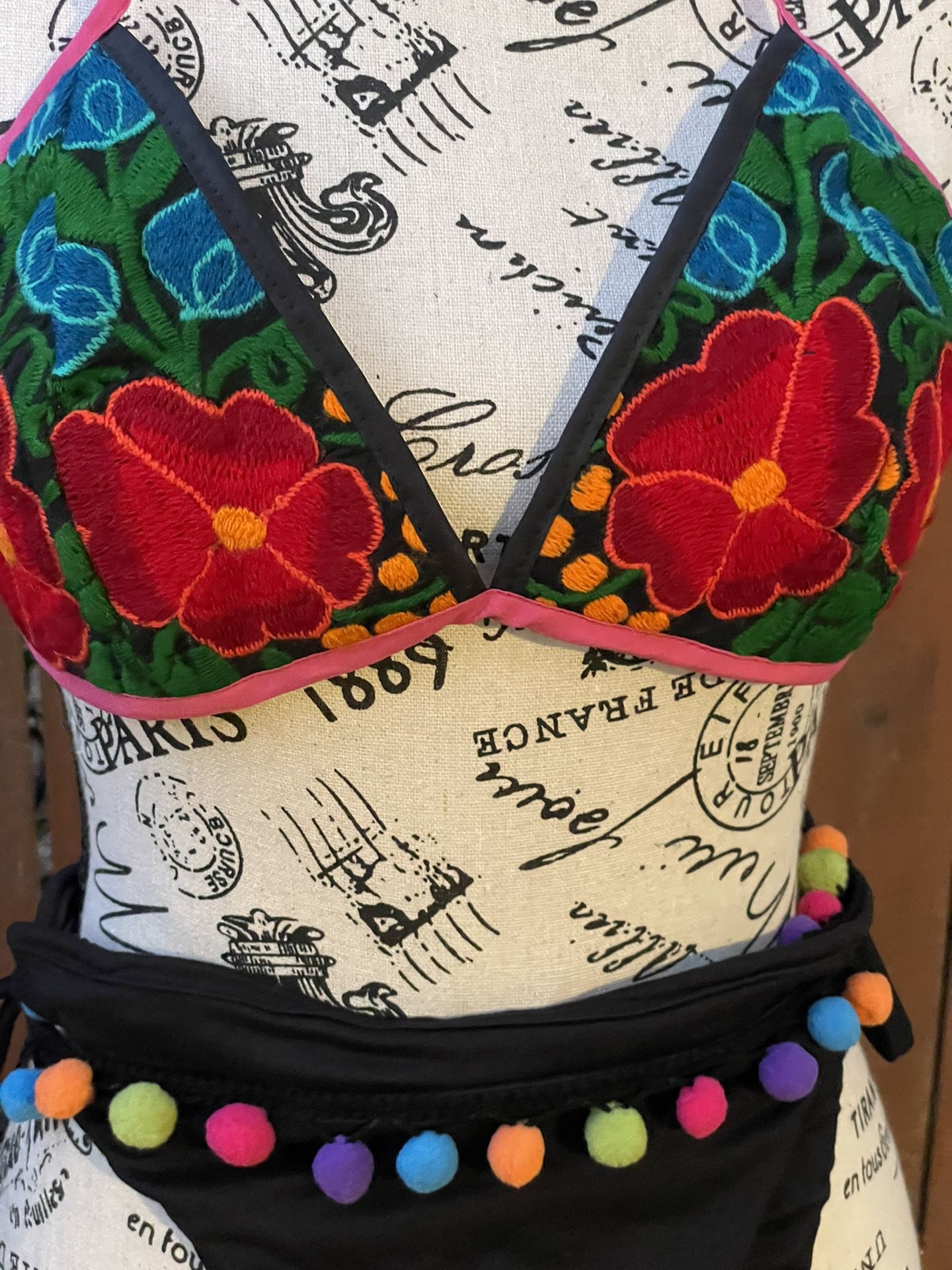 Embroidered Bikini, Mexico Bikini, Black Bikini,