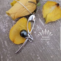 Sterling Silver 925 Necklace With Gray Pearl Vintage