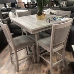 ✅️ 5 pc Wildon studio rustic natural tone,  finish wood and fabric counter height dining table set ✅️✅️