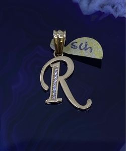 $225 Yellow Gold w Zirconia Letter Initial R Charm Pendant