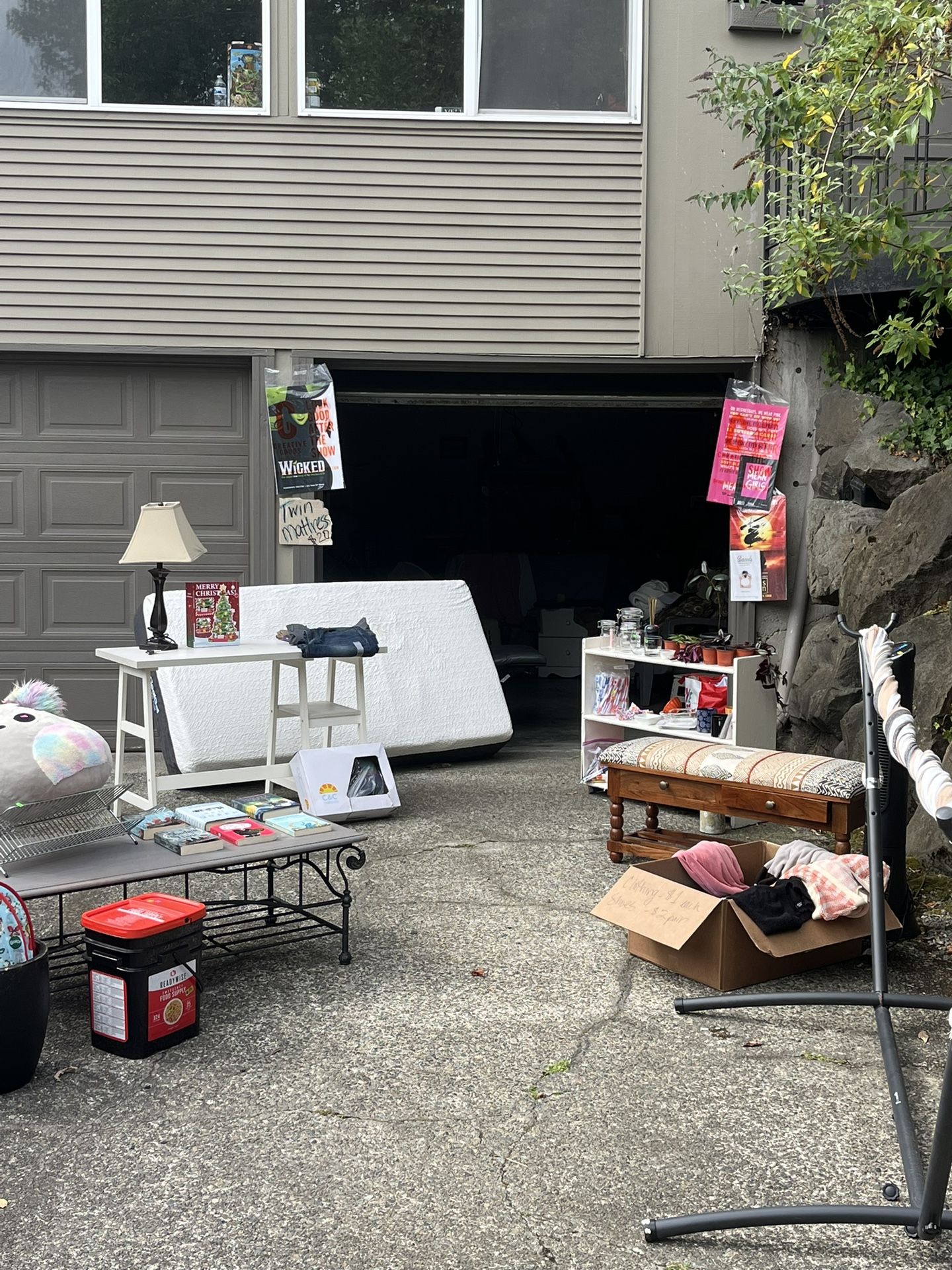 YARD SALE GARAGE SALE: PLANTS HAMMOCK FURNITURE MUSICAL-POSTERS