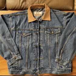 VTG WOODLAKE WESTERN COWBOY BLUE JEAN DENIM JACKET LEATHER COLLAR MENS Sz XL