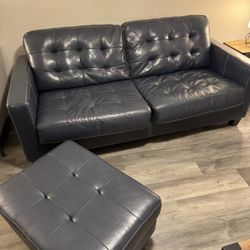 Blue Leather Ashley Couch And Ottoman 