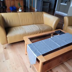 Leather two piece couch set, coffee table