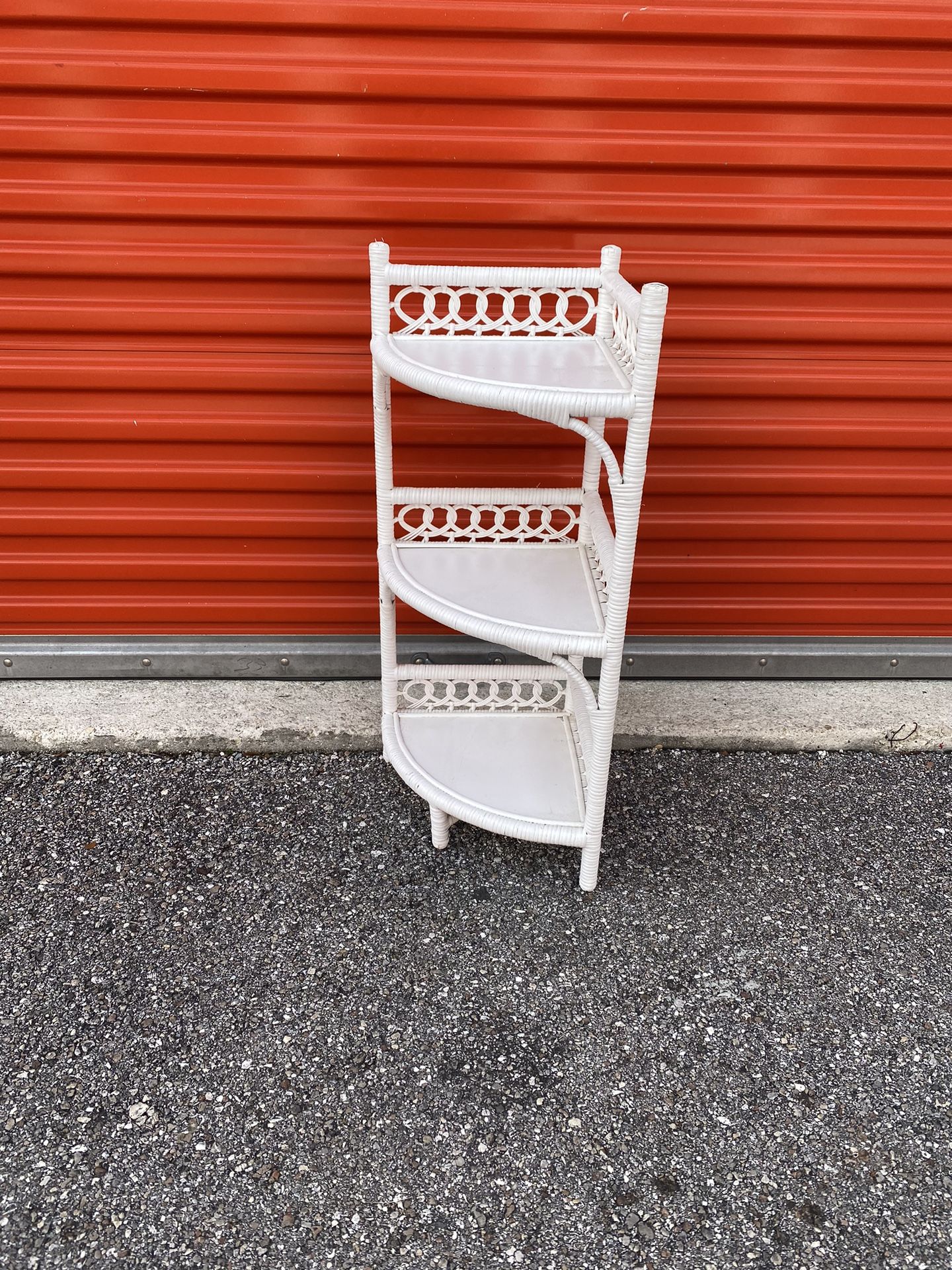 vintage white wicker rattan bamboo 3 tier corner shelf