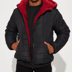 Fashion Nova Kids Nylon Reversible Puffer Jacket With Sherpa Lining - Black/Red (Size 12)