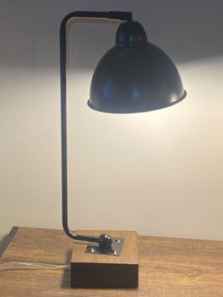 Industrial Style Metal Desk Lamp with Swivel Shade Mounted on a Rustic Wood Base H20"