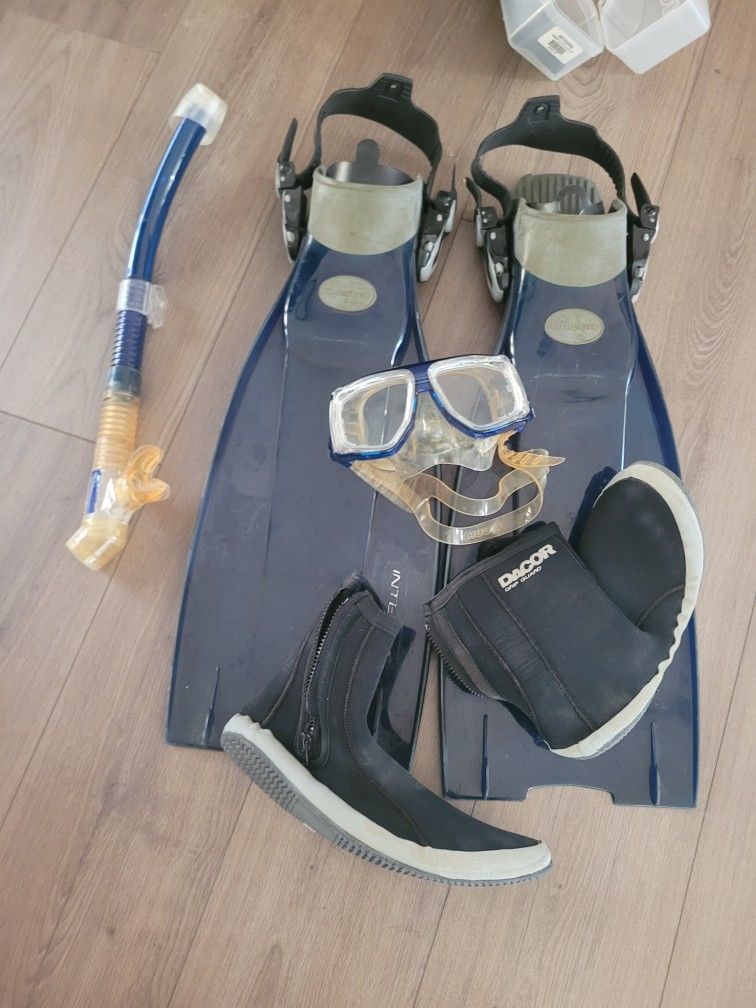 Scuba diving fins goggles snorkel and boots