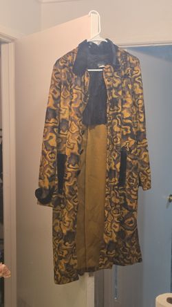 Vintage Exposure Long Duster Coat Gold Black Abstract Velvet Trim