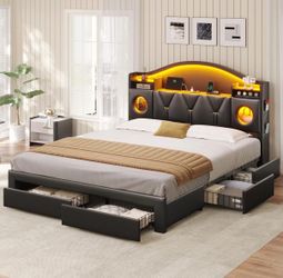 Queen Bed Frame with 6 Storage Drawers, Queen Bed Frame and Headboard,with LED Lights & Charging Station, PU,Black
