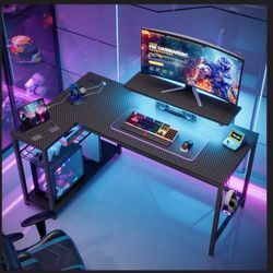 L-Shaped Gaming Desk w/ LED Lights, Power Outlets & Shelves • Great Condition