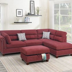 New Sofa Sectional  3-pc  Super Comfortable. Sofa-Chaise-ottoman.  Color Red.  Bonito Set De Sofas De 3 Piezas Nuevo Entregamos A Domicilio 