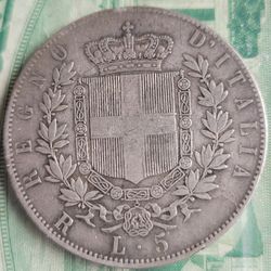🇮🇹1876-R Italy 5 Lire Silver Coin🇮🇹