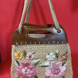 Bags By Whidby Inc. Floral Handmade Wicker Handbag With Wooden and Twine Handles