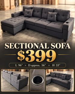 Sectional Sofa - L-Shaped, Reversible Chaise, Cup Holders - $399