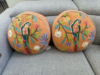 Round Embroidered Parrot Throw Pillows Set of 2
