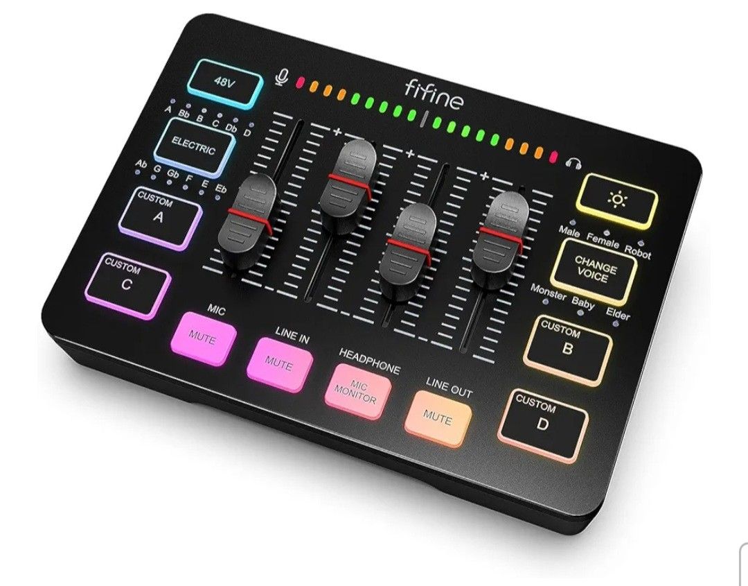 FIFINE Gaming Audio Mixer
Streaming RGB PC Mixer with XLR Microphone Interface
Individual Control
Volume Fader, Mute Button
48V Phantom Power