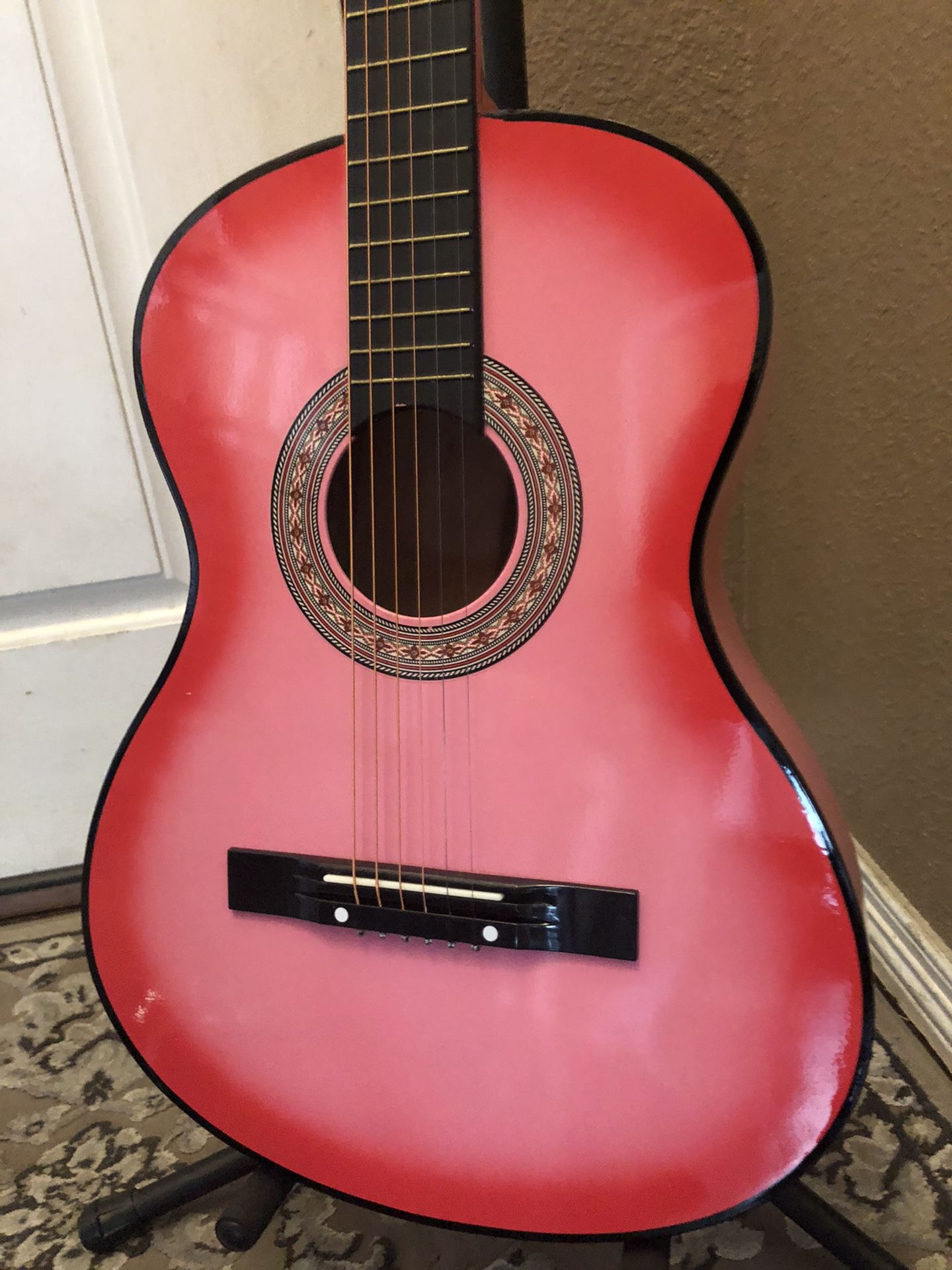 7/8 Size Pink Acoustic Guitar with Extra Strings, Cover, Pick, Strap $75 Firm