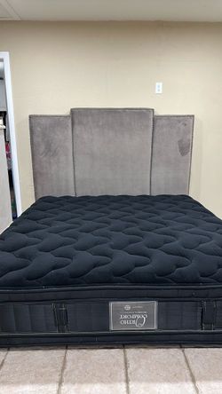 King or Cal/King Gray Velvet Upholstered Headboard with Nailhead Trim