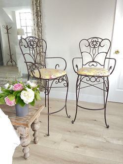 PAIR of Vintage Wrought Iron Bar Stools/ High Top Chairs Solid Iron.