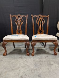 Traditional Carved Wood Dining Side Chair with Damask Upholstery