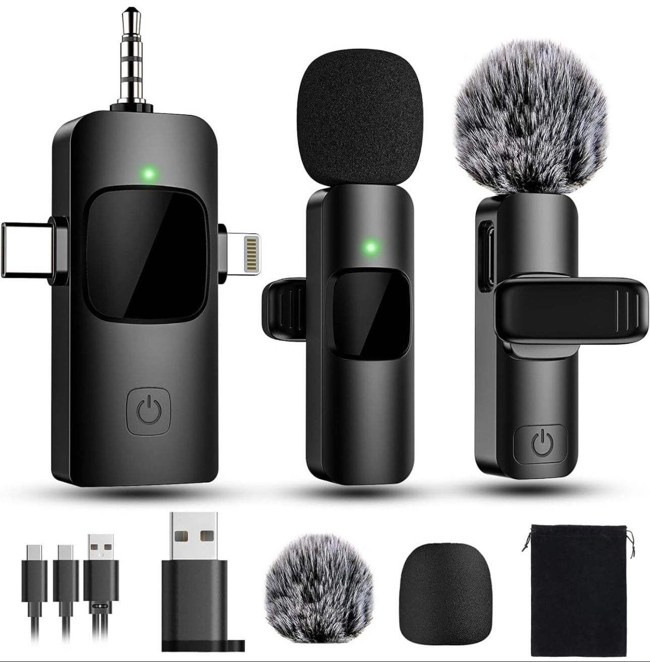 4 in 1 Mini Microphone Wireless Lavalier Microphone for iPhone Android Computer Laptop Camera USB-C,2.4G Ultra-Low Delay,Noise Reduction,Double Lapel