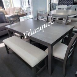  **6pc gray finish wood dining table set, padded seat chairs and bench**