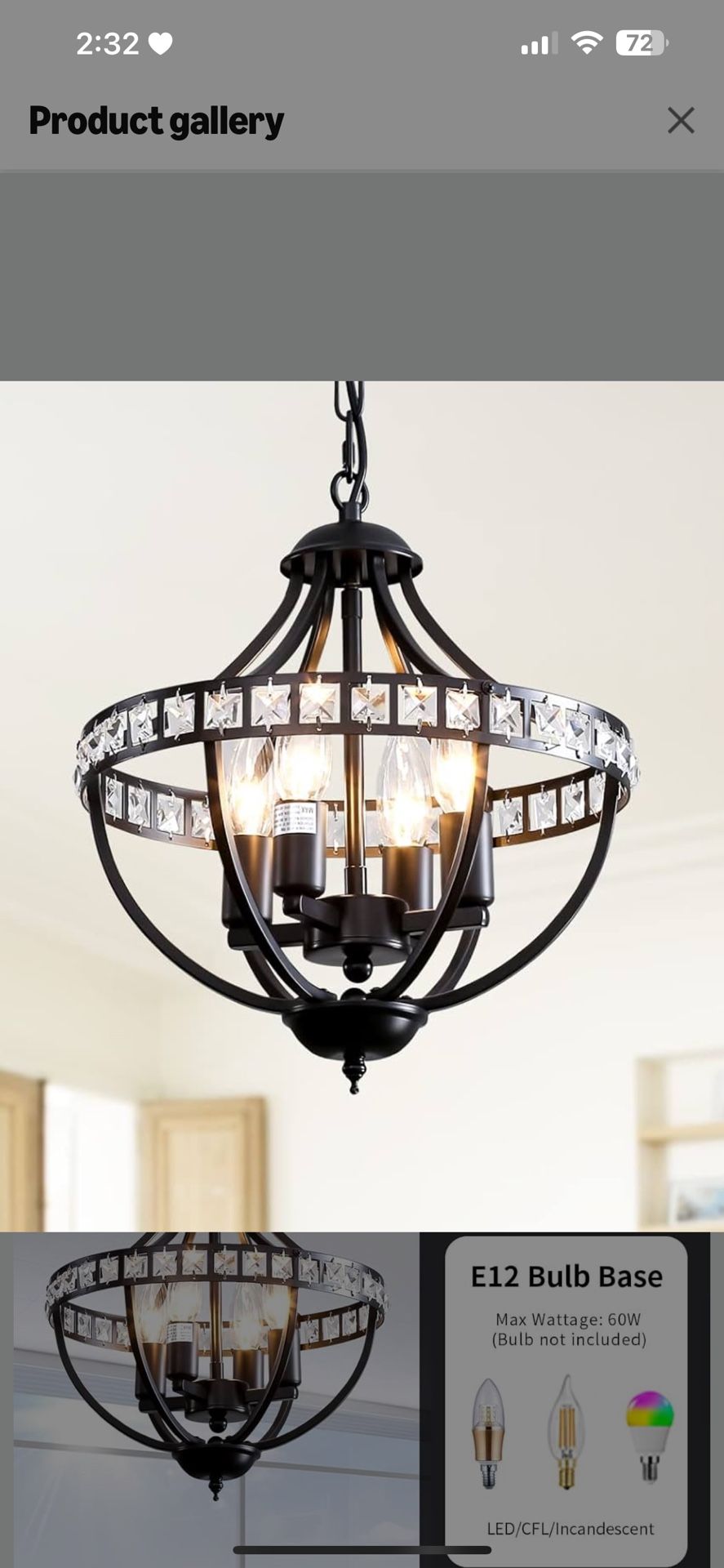 Crystal Chandelier Light Fixtures, 4-Lights Farmhouse Rustic Vintage Black Pendant Hanging Lighting Ceiling Chandeliers for Kitchen Island Dining Room