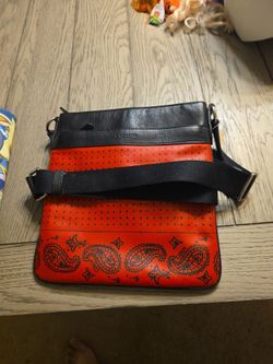 Coach Charles Red Black Bandana Print Leather Sport Calf Crossbody Bag