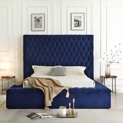 Queen Velvet Storage Bed Frame – Blue (No Box Spring Needed)