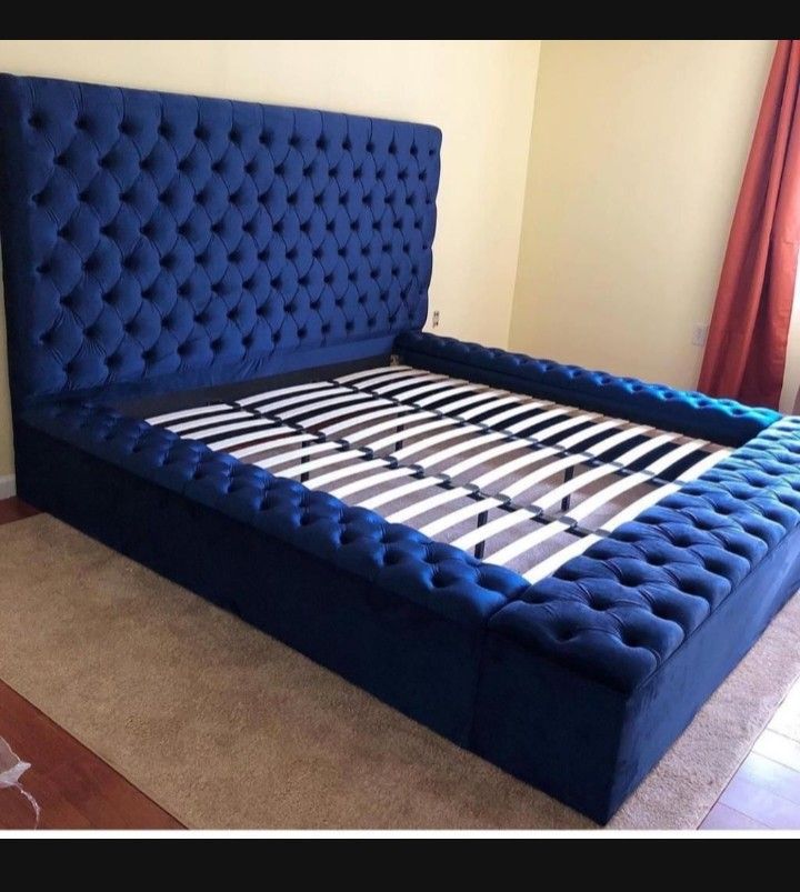 Paris Blue Velvet Queen Storage Platform Bed