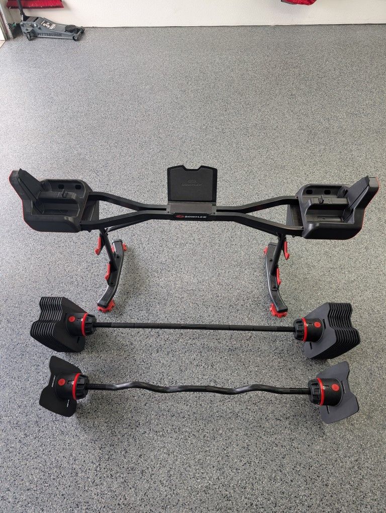 Bowflex SelectTech 2080 Adjustable Barbell + Curl Bar + 40 Lb Upgrade Kit + Media Rack Stand