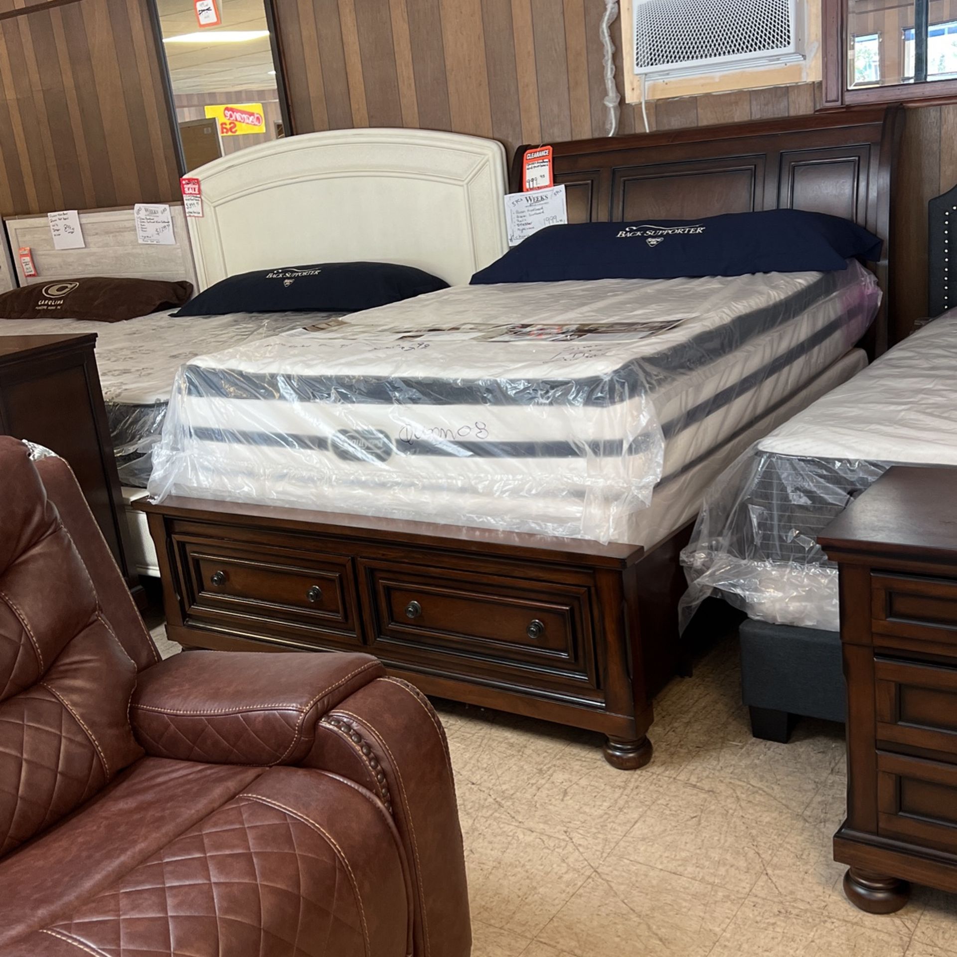 Brand new queen, size headboard, footboard, rails, dresser, and nightstand for $2000 comes in five finishes, black white cherry antique whitique white
