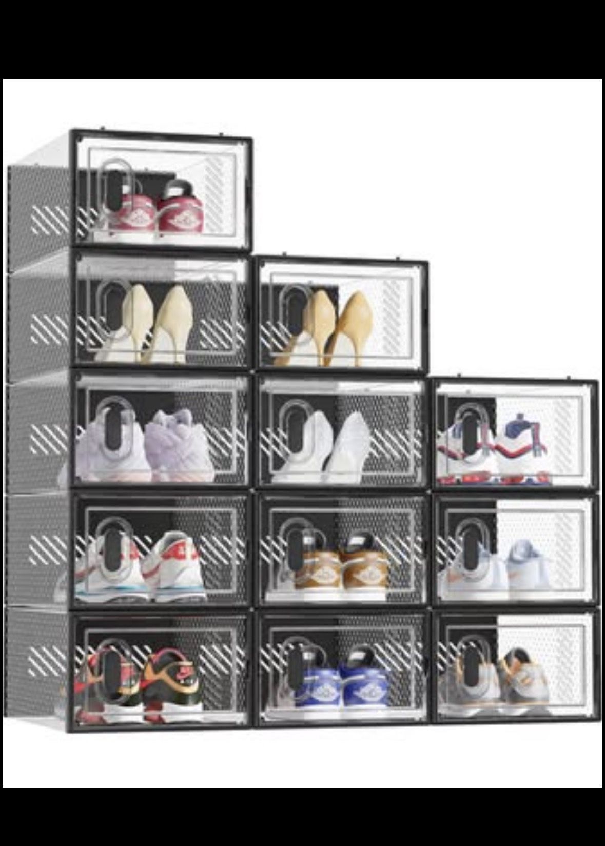 New 12 Pack Large Shoe Storage Box Black Plastic Stackable Shoe ...