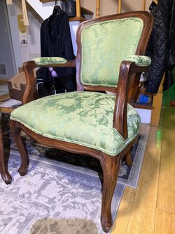 Pair Vintage French Louis XV Armchairs Green Damask - Set of 2 Fauteuil - Solid Wood