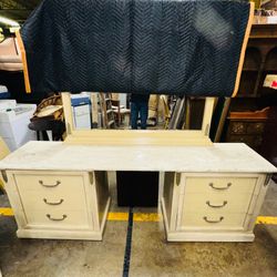 Bernhardt Long dresser/Vanity With Mirror & Nightstand Both With Marble Tops 84x19x31T With Mirror 66" 