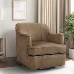 Grayish Brown Swivel Faux Leather Accent Arm Chairs