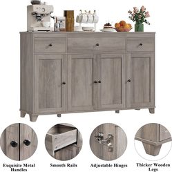 55" Large Kitchen Buffet Cabinet with Storage Drawers, Farmhouse Sideboard Buffet Table Storage Cabinet with Doors and Shelves, Wood Coffe