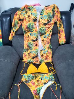 Yellow Floral 3 Piece Bikini Set with Cover-Up, Multicolor, Size M