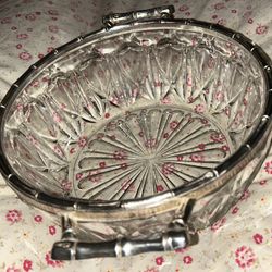 Vintage Mid Century Reims France Cut Glass Bowl w/ Italy Silverplate Rim