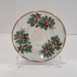 Vintage 1940s Ucagco Lusterware December Holly Tea Cup Saucer Japan Christmas