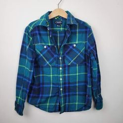 Chaps Boys Cozy Plaid Flannel Button Up Long Sleeve Shirt Green Blue
