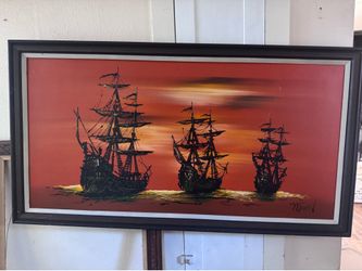 Vintage Mid-Century Vanguard / Van Gaard Galleons at Sea Nautical Ship Drip Painting